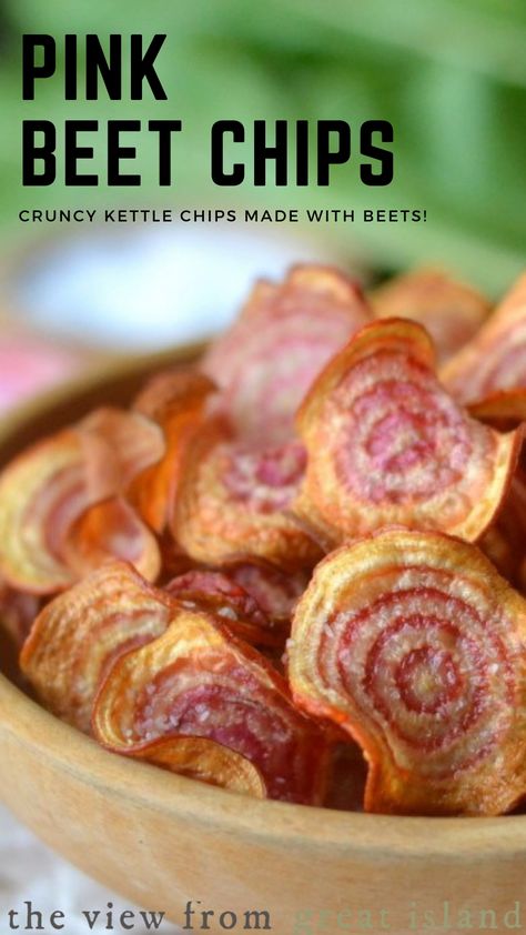 Crisp Pink Beet Chips, kettle chips made with stunning Chioggia, or Candy Striped, beets. #easy #recipe #appetizer #sidedish #kettlechips #fried #beet #potatochips  via @https://www.pinterest.com/slmoran21/ Beet Chips, The View From Great Island, Kettle Chips, Beet Recipes, Garden Recipes, Pinterest Recipes, Veggie Dishes, Healthy Dessert Recipes, Appetizers For Party