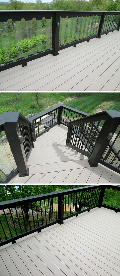 Soft gray TimberTech Terrain boards paired with bold black rails brings a contemporary flavor to this low maintenance outdoor space.  Glass balusters were used to maximize a scenic view on one side of the deck whereas sleek metal balusters were used elsewhere for a unique and customized design. | west-county.archadeck.com on houzz Wood Deck Railing, Grey Deck, Contemporary Deck, Deck Stain, Pergola Diy, Deck Colors, Deck Paint, Metal Pergola, Pergola Attached To House