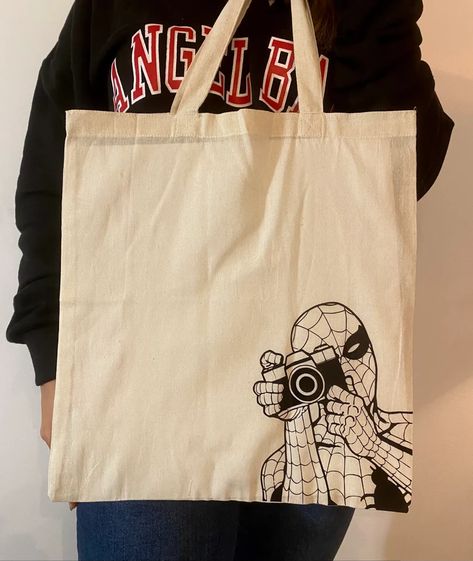 Tote Bag Design Ideas, Bag Design Ideas, Spider Man Peter Parker, Handpainted Tote, Diy Tote Bag Design, Anime Tote Bag, Handpainted Tote Bags, Totes Ideas, Tods Bag