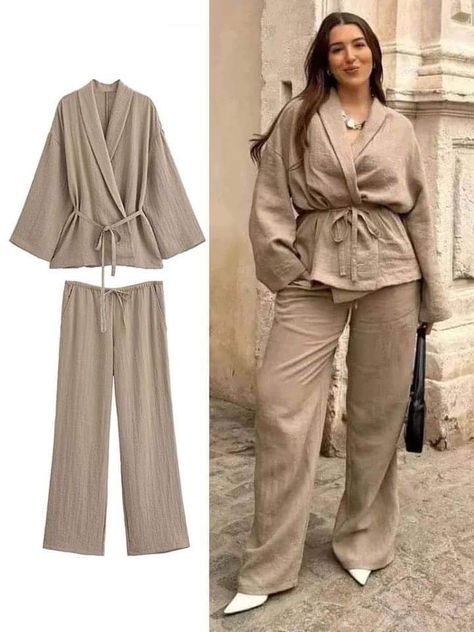 Moda Kimono, Female Suit, Wide Leg Pants Outfit, Lapel Top, Mode Kimono, Leg Pants Outfit, Laced Up Shirt, Pant Length, Linen Blouse