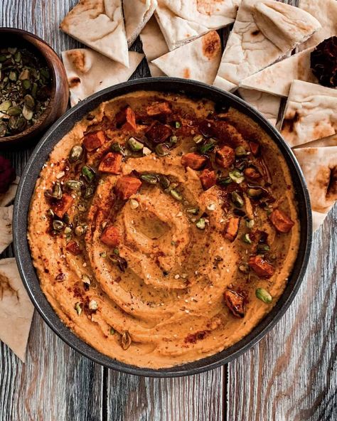 Sweet Potato Hummus - Savor and Sage Sweet Potato Roasted, Potato Roasted, Potato Hummus, Sweet Potato Hummus, Food Shows, Roasted Sweet Potatoes, Roasted Garlic, Red Pepper Flakes, Summer Salads