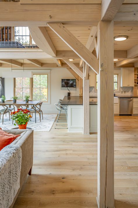 Timber Frame Home Interiors, Timber Frame Interior, Timber Frame Cottage, Modern Timber Frame, Frame Cottage, Timber Frame Cabin, Oak Frame House, Timber Frame House, Southern Yellow Pine