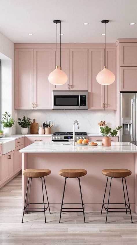 Pink Room Decor Minimalist Pink Kitchen, Pink Home Bar, Blush Pink Kitchen Cabinets, Pale Pink Kitchen, Light Pink Kitchen, Pink Apartment Aesthetic, Blush Pink Room, Pastel Pink Kitchen, Pink Room Decor Ideas