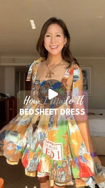 Sheet To Dress Diy, Clothes Made From Bedsheets, Bed Sheet Dress Diy, Bedsheet Dress Pattern, Bedsheet Sewing Projects, Sheet Dress Diy, Bedsheet Dress, Sheet Dress, Cute Bed Sheets