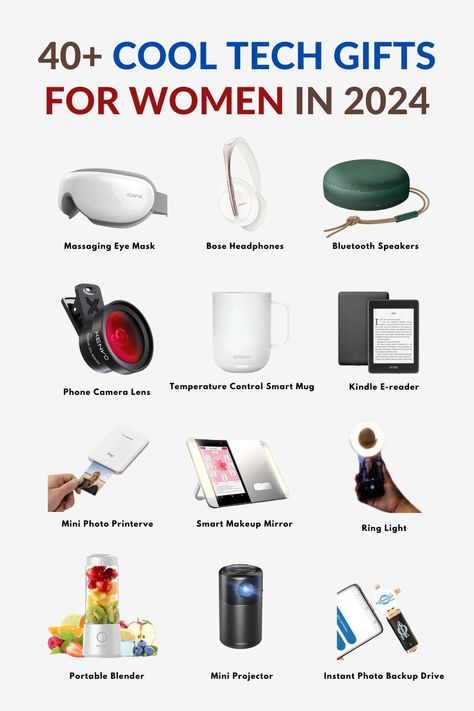 Image features a massaging eye mask, Bose headphones, Bluetooth speakers, phone camera lens, temperature control smart mug, Kindle e-reader, mini photo printer, smart makeup mirror, ring light, portable blender, mini projector, and instant photo backup drive. Best Gadgets For Men, Bose Headphones, Cool Tech Gifts, Cool Gadgets For Men, Phone Camera Lens, Gadgets For Men, Tech Gift, Portable Blender, High Tech Gadgets