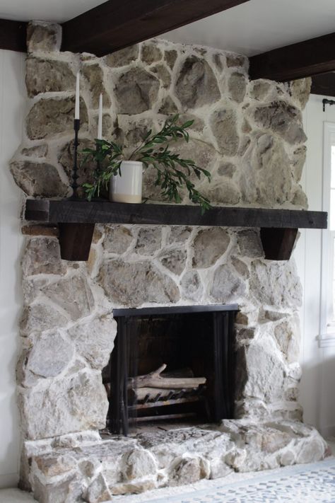 Over-Grouted Fireplace Project – Love Living Here English Cottage Fireplace Country Style, Stonewashed Fireplace, Heavy Mortar Stone Fireplace, Large Picture Above Fireplace, Plastering Over Stone Fireplace, 1970s Stone Fireplace Makeover, Mortar Wash Stone Fireplace, Mantle For Stone Fireplace, Overgrout Fireplace