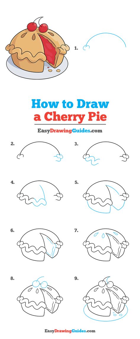 How to Draw a Cherry Pie - Really Easy Drawing Tutorial Pie Doodle Drawing, How To Draw Desserts Step By Step, Cartoon Pie Drawing, How To Draw A Pie, Pie Drawing Cute, How To Draw A Cherry, Cherry Pie Drawing, How To Draw Candy, How To Draw Food Step By Step