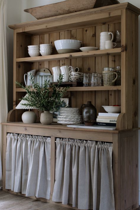 DIY Counter Curtain on Our Dining Hutch Hutch In Kitchen, Microwave Table, 1910 Farmhouse, Diy Hutch, Dresser Hutch, Hutch Styling, Diy Counter, Farmhouse Hutch, Hangout Space