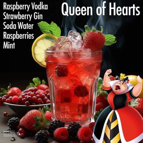 Disney Mixed Drinks, Disney Alcoholic Drinks, Fun Halloween Drinks, Disney Cocktails, Bartender Drinks Recipes, Queen Of Hearts Alice, Disney Drinks, Bartender Drinks, Alcholic Drinks