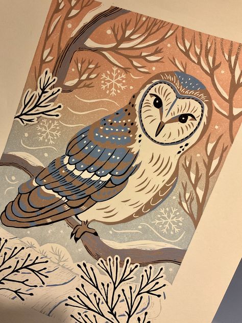 Winter Barn Owl – Folk Style Linocuts By MStraccia Art Owl Face Illustration, Folk Art Owl Illustration, Winter Owl Illustration, Snow Owl Illustration, Snowy Owl Illustration, Owl Family Drawing, Winter Owl Art, Wolf Illustration Art, Winter Illustration Art