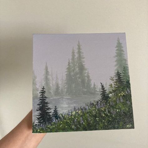 Simple Woods Painting, Tiny Mountain Painting, Foggy Painting, Foggy Forest Painting, Emo Bedroom, Forest Paintings, Fog Art, Forest Landscape Painting, Sky Art Painting