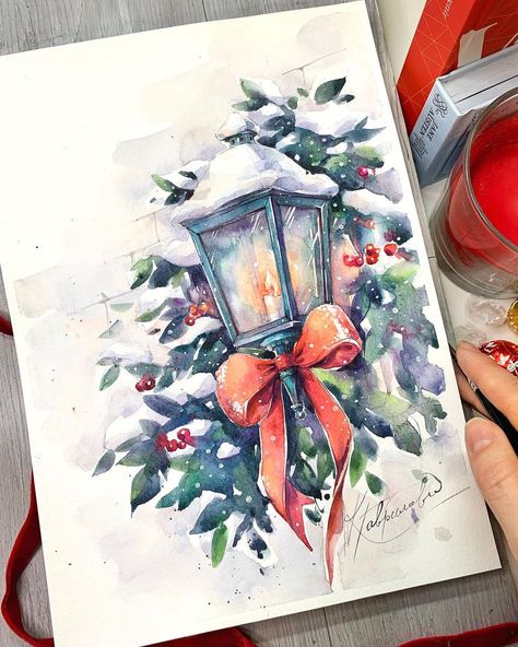 Christmas Art Lessons, Merry Christmas Drawing, Watercolors Drawings, Watercolor Christmas Cards Diy, Xmas Drawing, Christmas Sketch, Winter Drawings, Drawing Christmas, Christmas Lantern