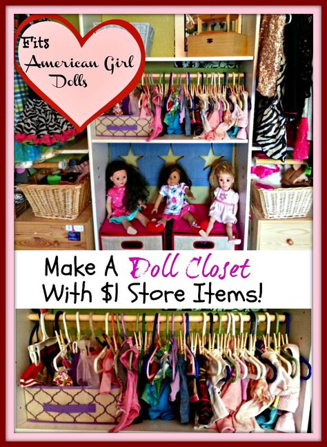 Making A Doll Clothes Closet with Dollar Store Items (Perfect For American Girl Dolls)! - Thrifty NW Mom American Girl Storage, Making A Doll, American Girl Outfits, Doll Organization, Doll Storage, American Girl Doll House, American Girl Diy, American Girl Doll Furniture, American Girl Doll Diy