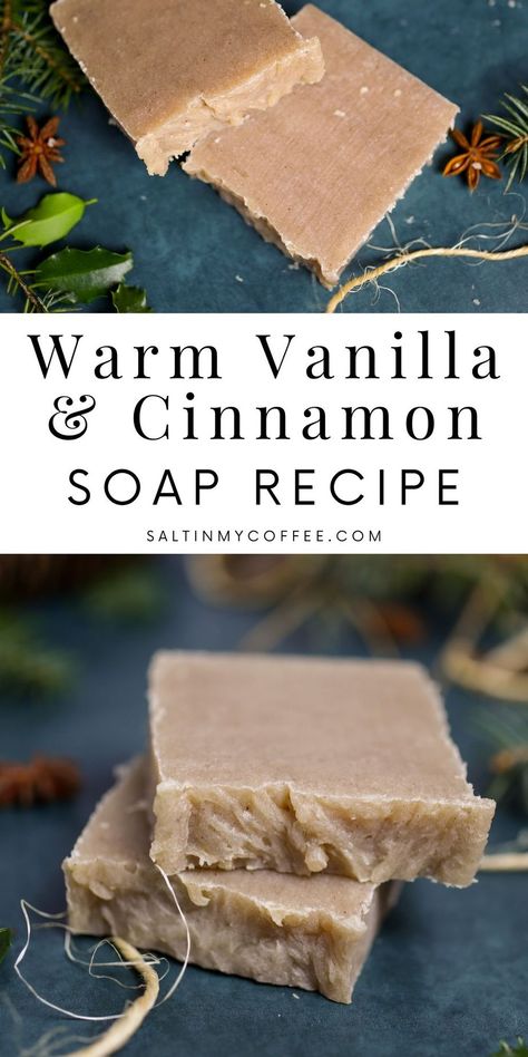 Vanilla Cinnamon Hot Process Soap Recipe (Warm Sugar Cookie scent!) - Salt in my Coffee Best Soap Scents, Chai Soap Recipe, Winter Soap Scents, Hot Press Soap Recipe, Hot Process Tallow Soap Recipes, Homemade Christmas Soap Recipes, Homemade Christmas Soap, Hot Process Soap Recipes Crock Pots, Cold Pressed Soap Recipes