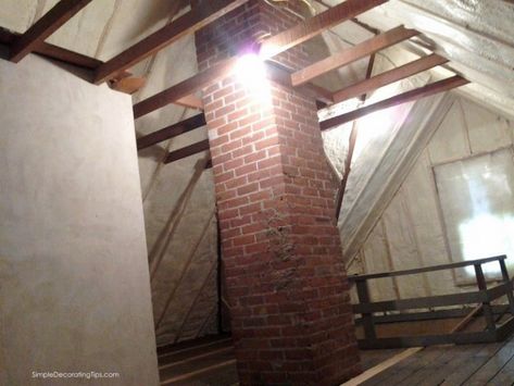 Our 100 Year Old House Attic Renovation - SIMPLE DECORATING TIPS 100 Year Old House Renovation Ideas, Exposed Brick Chimney, Attic Stairs Diy, 100 Year Old House, House Attic, Old Houses Renovation, Simple Decorating, Brick Chimney, Attic Renovation