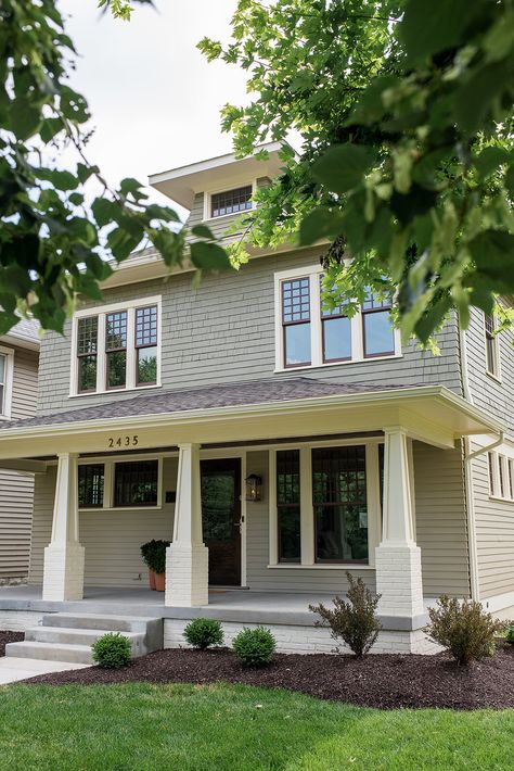 FALL CREEK HISTORIC RENOVATION — aaNovo Two Story Traditional House Exterior, Four Square House Exterior, Traditional Craftsman Exterior, Craftmans Style House, Arts And Crafts House Exterior, Foursquare Exterior, Outdated House, Craftsman House Colors, Craftsman Exteriors