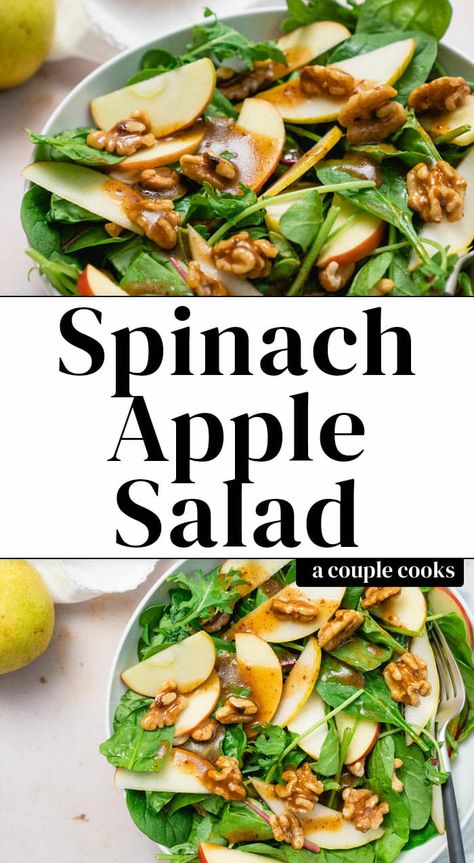 This spinach apple salad with balsamic dressing is so easy and SO good, it will be your new go-to! No one will believe it took minutes to put together. #spinach #apple #salad #recipe #simple #healthy Apple Pear Salad, Spinach Apple Salad, Glazed Walnuts, Apple Walnut Salad, Salad With Balsamic Dressing, Autumn Salad Recipes, A Couple Cooks, Apple Salad Recipes, Healthy Cook Books