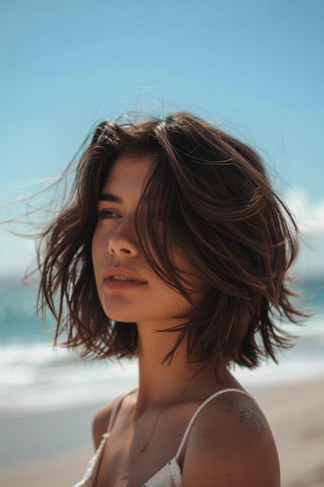 Waves for Days: 15 Beach-Inspired Hairstyles Loose Hair Styles For Short Hair, Wavy Jaw Length Hair, Messy Mid Length Hairstyles, Short Flowy Hair, Shoulder Length Hair Naturally Wavy, Short Hair Beach Photos, Short Choppy Haircuts For Thick Hair, Character Inspiration Short Hair, Messy Hairstyles Short Hair