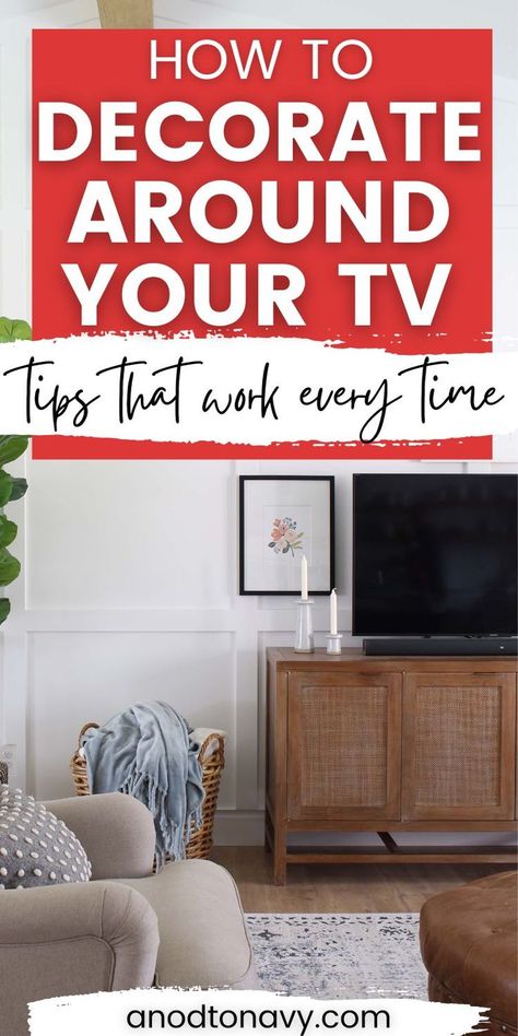 TV’s are in just about every home, but they can be an eyesore. Here are some ideas for decorating around a television. hide a tv on wall | hide a tv in living room | decorate around tv on wall | decorate around tv stand | decorate around tv | tv wall design | tv stand decor | tv wall decor | tv unit decor | tv stand ideas | frame TV gallery wall | living room designs | living room ideas How To Hide A Television, Wall Collage Around Tv, Decorate Around Tv Stand, Pictures Above Tv, Decorate Around Tv On Wall, Decor Over Tv, Decorate Around Tv, Above Tv Decor, Decor Above Tv