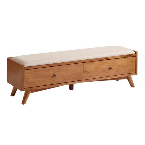 Linen and Acorn Wood Brewton Bench | World Market Dresser Storage, Wooden Dresser, Upholstered Storage Bench, Linen Storage, Upholstered Storage, Linen Upholstery, Stylish Bedroom, Affordable Home Decor, Headboard And Footboard