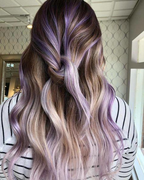 Brown Hair With Purple Highlights Subtle, Hair Ideas For Summer 2024, Color Hair Ideas For Blondes, Blonde With Purple Hair, Blonde Balayage With Purple, Long Hair Dye Ideas, Unnatural Hair Color Ideas, Lavender Balayage, Lilac Hair Color