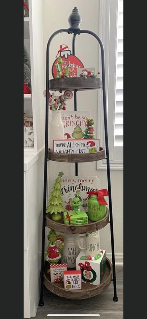 Grinch Tray Decor, Grinch Shelf Decor, Grinch Tiered Tray Decor, Grinch Tiered Tray Ideas, Grinch Tiered Tray, Tier Stand Decor, Who Ville, Hobby Lobby Shelf, Corner Shelf Ideas