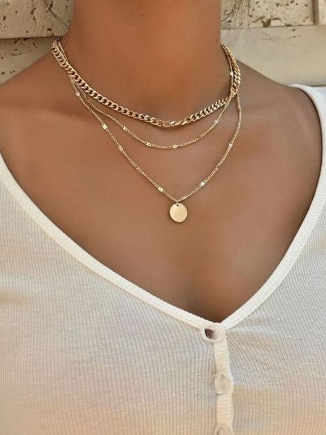 Collier multirang or chaine et pendentif disque | Etsy Colar Chocker, Coin Pendant Necklace, Layered Necklace Set, Party Summer, Classy Jewelry, Jewelry Lookbook, Choker Necklaces, Girly Jewelry, Layered Necklace