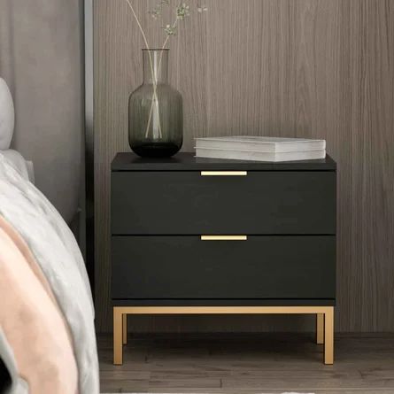 Everly Quinn Kavalli 2 - Drawer Steel Nightstand in Black | Wayfair Bedside Dresser Modern, Sleek Modern Nightstand, Nightstand Modern Design, Mid Century Modern Bedroom Nightstands, Black And Brass Bedroom, Black Night Table, Black And Gold Bedside Table, Guest Room Inspiration Modern, Bedside Table Ideas Black