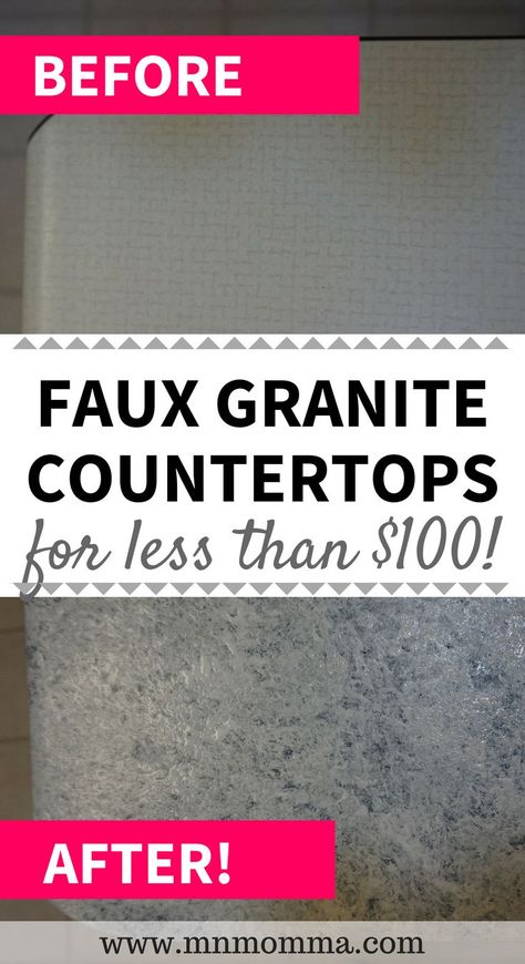 Faux granite countertop update for less than $100! Learn how to easily update your countertops with this DIY giani paint kit and have gorgeous countertops on a budget! This budget friendly countertop update lets you have beautiful countertops for an affordable price! Update your countertops for less with this frugal countertop update! Check out the before and after! #diy #countertop #kitchen #update #reno #redo #paint #giani #frugal #savemoney Kitchen Countertops Diy Paint, Countertops On A Budget, Countertop Update, Painting Bathroom Countertops, Beautiful Countertops, Faux Granite Countertops, Diy Countertop, Remodeling Trends, Replacing Kitchen Countertops