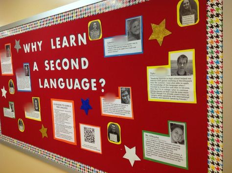 Why Learn a Second Language? - bulletin board from Teaching Spanish with Comprehensible Input Spanish Bulletin Boards, Why Learn Spanish, Spanish Classroom Decor, Comprehensible Input, Middle School Spanish, Classroom Decor High School, Learning A Second Language, Spanish Lesson Plans, Esl Classroom