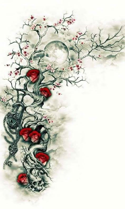 Tree Sleeve Tattoo, Tree Sleeve, Skull Rose Tattoos, Tree Tattoo Designs, Geniale Tattoos, Inspiration Tattoos, Blossom Tattoo, Tattoo Style Drawings, Tattoo Art Drawings