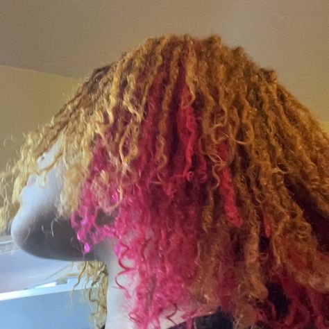 Sunset Dyed Locs, Natural Loc Colors, Ginger And Pink Locs Black Women, Two Color Hair Dye Ideas Locs, Brown And Pink Locs Black Women, Pink And Blond Locs, Root Dyed Locs, Sister Locs Dyed, Peach Locs