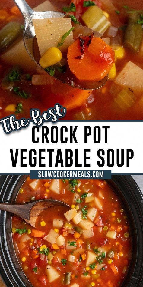 Get cozy with Crock Pot Veggie Soup – an easy slow cooker recipe mixing up fresh and frozen veggies, all seasoned for a tasty and nutritious meal. It's a laid-back, budget-friendly dish that's perfect for colder days! #Farm-to-TableFinds Vegetable Soup Recipes Easy Crock Pot, Chicken And Veggie Soup Crockpot, Veggie Beef Soup Recipes Crock Pot, Vegetable Noodle Soup Crockpot, Frisches Vegetable Soup, Easy Slow Cooker Vegetable Soup, Vegetable Soup Crock Pot Easy, Ground Beef Vegetable Soup Crock Pot, Easy Vegetable Soup Crock Pot