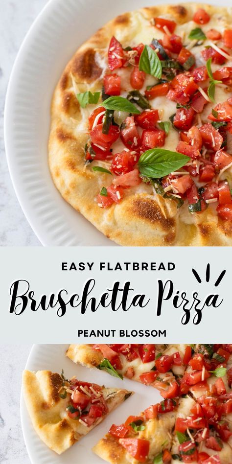 This easy bruschetta pizza is a quick 5-minute recipe on a busy night. Start with a pair of naan breads from the bakery aisle and add fresh bruschetta topping (or store bought bruschetta) with shredded cheese. Serve it as a light meal, an easy appetizer, or a flatbread snack. Bruchetta Recipe Flatbread, Bruschetta Flatbread Pizza, Bruschetta Pizza Recipe, Things To Make With Naan Bread, Store Bought Naan Bread Ideas, Flat Bread Recipe Toppings, Flat Bread Recipes Ideas Flatbread Pizza, Naan Bread Appetizers, Naan Bread Recipes Ideas