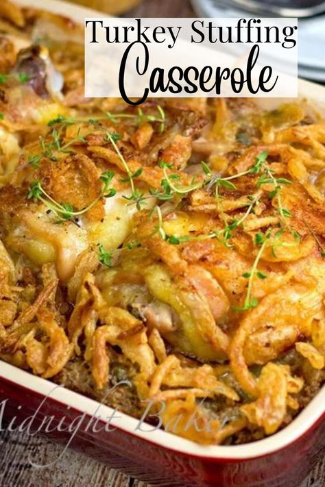 Turkey Stuffing Supreme Casserole is an easy Thanksgiving dinner recipe Christmas Turkey Casserole, Turkey Dressing Casserole Recipes, Stuffing Casserole Thanksgiving, Turkey And Dressing Casserole Recipes, Turkey Stuffing Casserole Recipes, Dinner Recipe For 2, Turkey Casserole With Stuffing, Turkey Dinner Casserole, Turkey And Dressing Casserole