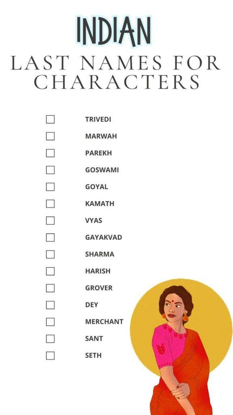 Printable List of Indian Last Names For Characters Indian Last Names, Aesthetic Surname, Names For Characters, Surname List, Last Names For Characters, Cool Last Names, Writing A Novel, Indian Names, Best Character Names