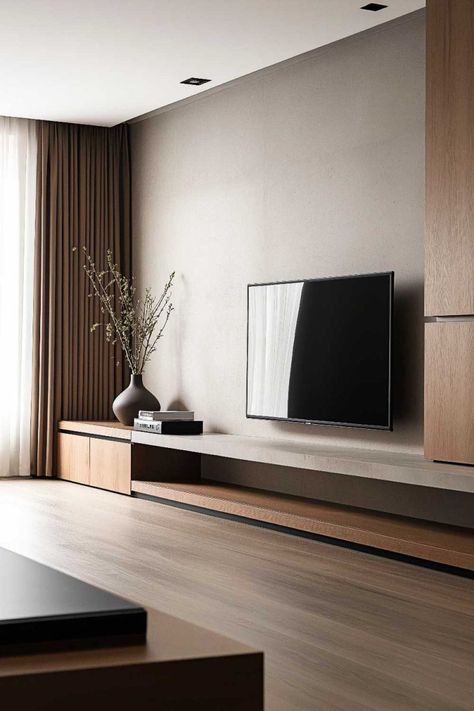 Sleek Tv Unit Design For Living Room, Tv Wall Decor Aesthetic, Aesthetic Tv Unit Design, Wall Tv Stand Ideas, Living Room Tv Wall Designs, Aesthetic Tv Unit, Tv Unit Design Minimalist, Tv Space Ideas, Tv Wall Decor Modern