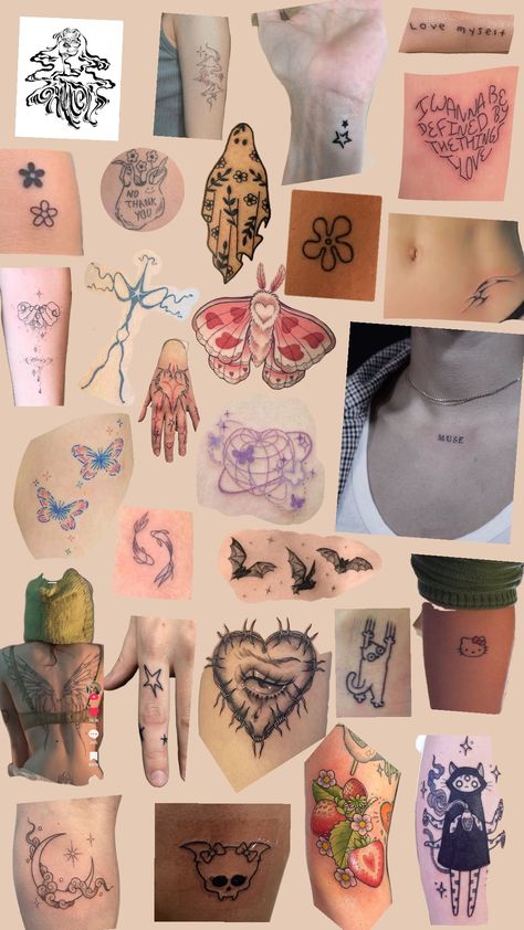 I want tattoos so bad lol #fyp #tattoos #tattooinspo #foryoupage #wishlist #cutesy #mindful #demure Wlw Tattoos, Tattoo Collage, Tattoos And Piercings, Tatting, Piercings, I Want, Collage, Tattoos, Pins