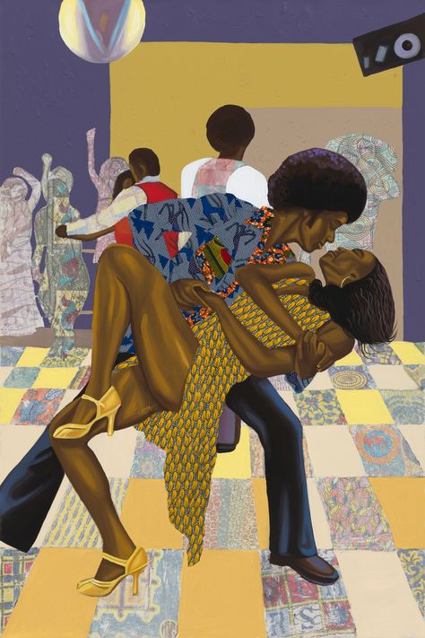 "Asa Mu Odo" (Love In Dance) Fabric collage, fabric transfer and acrylic on canvas 182cm x 122cm 2024  On view @omenaigallery Black People Dancing, Dancing Artwork, Black Arts Movement, Collage Fabric, Black Folk Art, Black Movement, Contemporary African Art, Fabric Collage, Black Art Painting