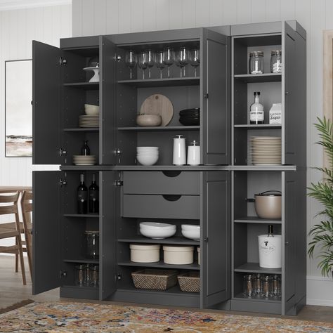 This 100% solid wood 65"‐wide pantry is a perfect solution to your kitchen storage needs! Within easy reach and with 4 large and 8 small adjustable shelves it will allow you to store multiple items regardless of their size. Buffet Pantry, Wide Pantry, Wood Kitchen Pantry, Free Standing Pantry, Pantry Cabinet Free Standing, China Buffet, Kitchen Cupboard Organization, Kitchen Cupboards Paint, Kitchen Pantry Cabinet