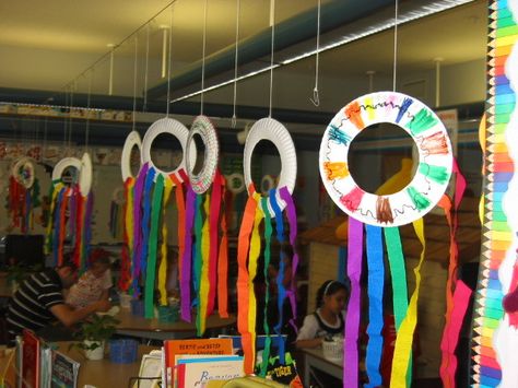 Rainbow windsock Wind Craft, Baby Toys Handmade, Rainbow Windsock, Rainbow Kindergarten, Rainbow Toys, Styrofoam Plates, Preschool Weather, About Rainbow, Weather Theme