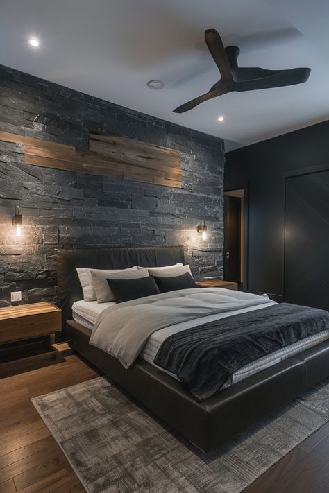 Discover serenity in sleek design with our collection of 20+ dark bedroom aesthetic ideas, showcasing how to achieve a peaceful ambiance with subdued hues and modern flair. Modern Men’s Bedroom, Modern Dark Bedroom, Dark Bedroom Aesthetic, Bedroom Aesthetic Ideas, Minimalism Bedroom, Peace And Calm, Cozy Fall Bedroom, Themed Rooms, Dark Bedroom