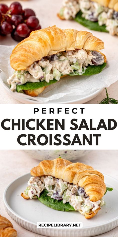 This chicken salad croissant recipe is a fresh take on a classic, featuring zesty lemon, crisp dill, and sweet, juicy grapes. It’s perfect for brunch or a quick lunch and a delicious way to use up leftover chicken! Chicken Salad And Croissants, Chicken Salad Brunch Ideas, Leftover Chicken Salad Recipes, Croissant Lunch Ideas, Crossant Recipes Sandwiches, Chicken Croissant Recipe, Chicken Salad On Croissant, Chicken Salad Croissant Sandwich, Croissant Appetizers