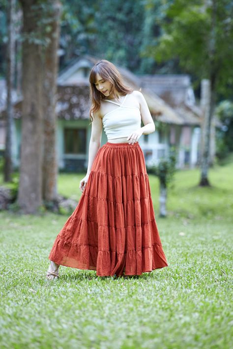 ORANGE MAXI SKIRT - Flowy Long Dress - Soft Comfy Plus Size Long Ruffle Skirt for Women - Cotton Boho Fall Skirts by Lannaclothesdesign on Etsy Long Orange Skirt Outfit, Long Skirt Poses, Flowy Orange Maxi Skirt For Day Out, Orange Flowy Lined Maxi Skirt, Orange Tiered Lined Maxi Skirt, Boho Skirt Outfit, Relaxed Orange Maxi Skirt, Orange Skirt Outfit, Bohemian Flowy Floor-length Maxi Skirt