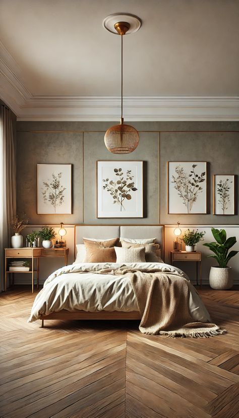 Modern bedroom with a bed, cream linens, wooden headboard, gray walls, botanical art, and a pendant light. Bright Master Bedrooms Decor, Sanctuary Bedroom Ideas, Calming Bedroom Colors Cozy, Warm Wood Bedroom, Simple Modern Bedroom Design, Warm Earthy Bedroom, Mixed Wood Bedroom, Light Cozy Bedroom, Scandinavian Bedroom Color