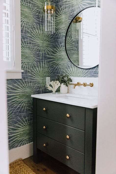 Accent Wall Interior Design, Bathroom Wallpaper Accent Wall, Palm Bathroom, Black Powder Room, Wallpaper Accent Wall Bathroom, Powder Bathroom, Green Vanity, Powder Room Wallpaper, Animal Print Pillows