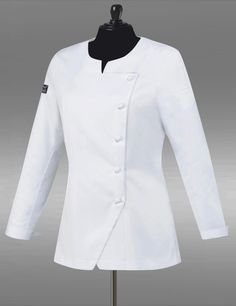 Chef Jackets Design, Women's Chef Jacket, Chef Coats, Vintage Linen Dress, Lace Blouse Design, Clothing Store Displays, Chef Jackets, Womens Scrub Tops, Corporate Uniforms