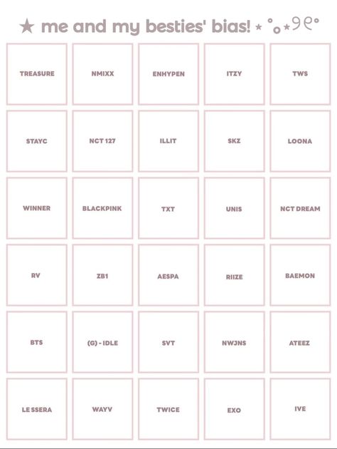 Kpop Bias Template, Kpop Games Templates, Fill The Jars Template, Kpop Games, Insta Templates, Bingo Template, Bias Kpop, Kpop Profiles, Blink Book