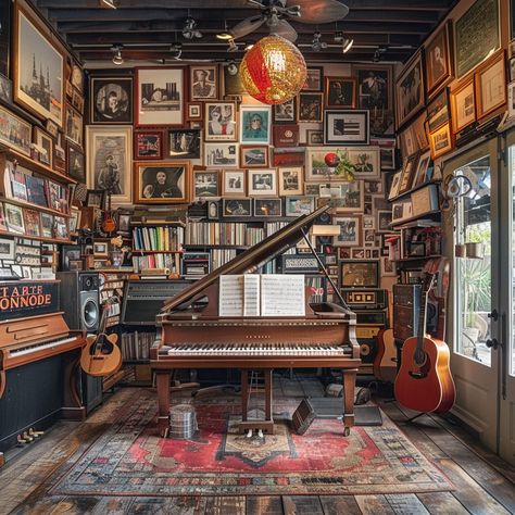 Musician's Creative Haven: A cozy retreat boasting a grand piano, guitars, and walls adorned with a plethora of framed memories. #music #creativity #nostalgia #instruments #grand piano #aiart #aiphoto #stockcake ⬇️ Download and 📝 Prompt 👉 https://ayr.app/l/BTnB Music Family Room, Grand Piano In House, Cottage Music Room, Sitting Room Piano, Grand Piano Aesthetic, Cozy Music Room, Piano Nook, Piano Corner, Grand Piano Room