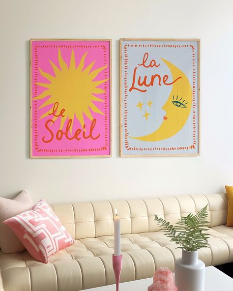 It’s your favourite! ☀️🌙 of all the Tulastra prints, I’d say le Soleil and la Lune sun and moon prints are the best sellers - especially mixing and matching the colours 😍 Choose from pale blue, hot pink or summery orange 💙🩷🧡 Which colours would you pick? #dreamyinteriors #colourfulinteriors #happywalls #interiorinspo #artprints #printdesign #gallerywall Painting Wall Decor Ideas, Cute Bedroom Painting Ideas, Art For Bedroom Walls, Blue And Orange Art, Bedroom Wall Prints, Relatable Art, Sun And Moon Print, Painting Colourful, Bedroom Painting